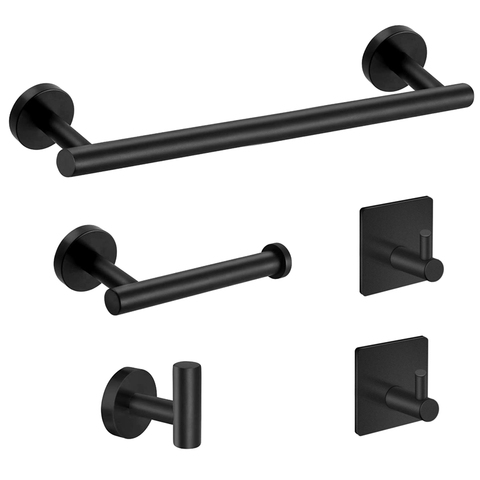 5-Pieces Matte Black Bathroom Hardware Set Stainless Steel Round Wall Mounted - Includes 12 Inch Hand Towel Bar, Toilet Paper Ho ► Photo 1/6