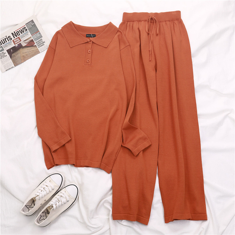 Autumn Winter Women Knitted 2 Piece Set Polo's Long Sleeve Sweater + Knitted Casual Pants 2 Piece Set Outfit 3 Color ► Photo 1/6