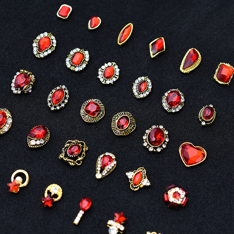10pcs Gold 3D Red Gems Crystal Bright Nail Rhinestone Alloy Nail Art Decorations Glitter DIY Nails Accessories Supplies TOP ► Photo 1/6
