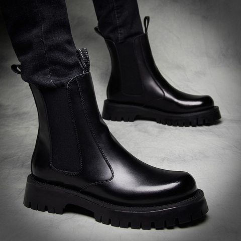 brand designer men's leisure chelsea boots warm fur winter shoes genuine leather platform boot moto ankle botas hombre zapatos ► Photo 1/5