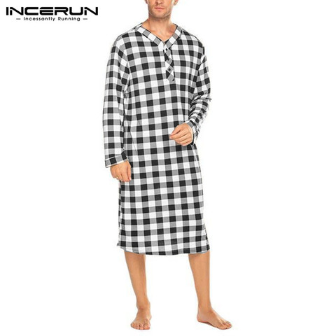 2022 New Men Plaid Sleep Robes Sleepwear Men Fashion Soft Loose Long Sleeve V Neck Button Nightgowns Casual Long Pajamas INCERUN ► Photo 1/6
