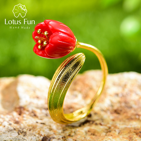 Lotus Fun Real 925 Sterling Silver 18k Gold Ring Red Coral Handmade Fine Jewelry Lily of the Valley Flower Rings For Women Gift ► Photo 1/6