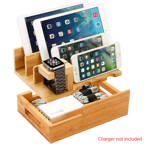 Cell Phone Tablet Holder Bamboo Wood Charging Station Cable Storage Box Dock Stand For Apple Watch iPad mini iPhone 11 Pro 8 Xs ► Photo 1/6