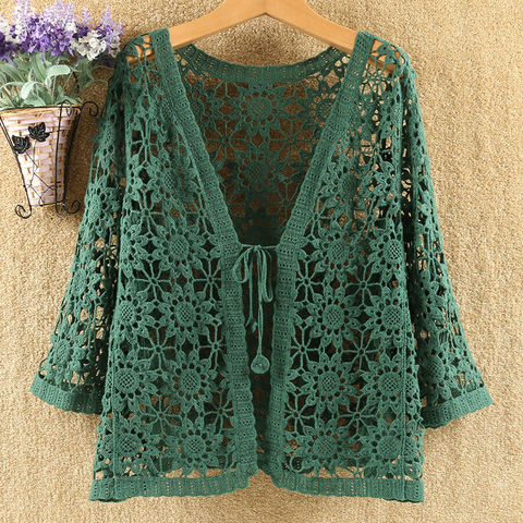 Sexy Hollow Lace Sunscreen Cardigan Sweater Women Wide Loose Air Conditioning Knitted Sweater Thin Section Female Spring Autumn ► Photo 1/6