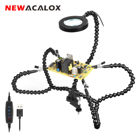 NEWACALOX Desk Clip PCB Soldering Holder 3X Magnifier with LED Light Welding Helping Hand Flexible Arm Soldering Third Hand Tool ► Photo 1/6