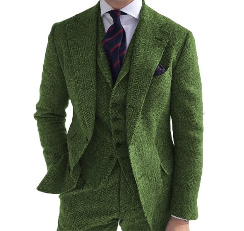 Mens Business 3 Pieces Suits Green Wool Retro Classic Herringbone Pattern Groom Tweed Tuxedos for Wedding (Blazer+Pants+Vest) ► Photo 1/6