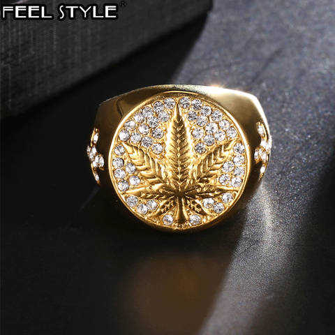 HIP Hop 316L Stainless Steel Iced Out Bling Gold Color Ring Micro Paved Rhinestone Weed Maple leaf Rings for Men Jewelry ► Photo 1/6