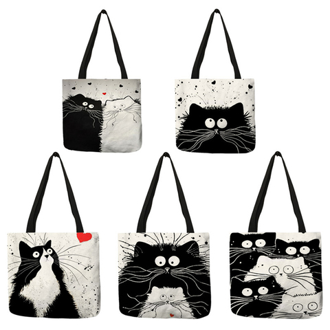 Customized Tote Shopping Bag Cute Cat Printing Women Handbag Linen Totes with Print Logo Casual Traveling Beach Bags ► Photo 1/6