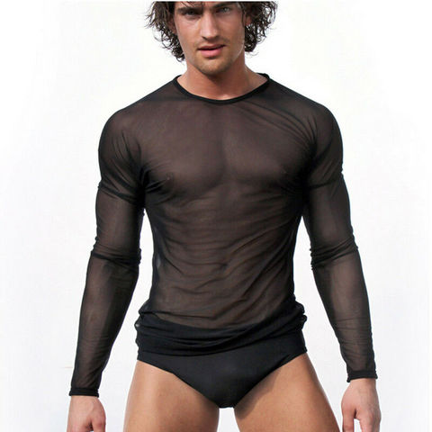 Hirigin Mens Undershirt Gay clothing Nylon Mesh Shirt See Through Sheer Long Sleeves T Shirts Sexy transparent shirt Underwear ► Photo 1/6