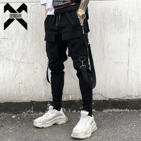 Men Cargo Pants Black Ribbons Block Multi-Pocket Harem Joggers