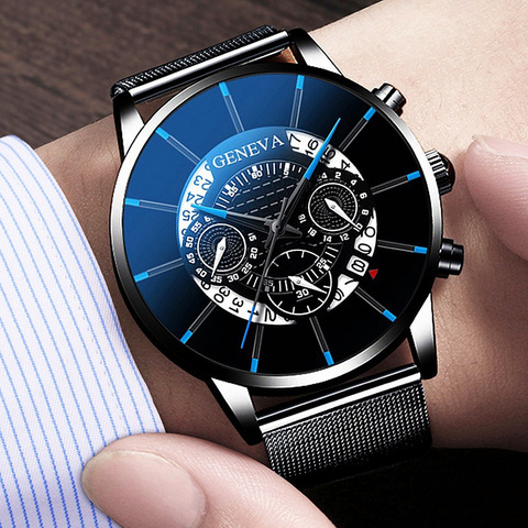 Luxury Hollow out Men's Fashion Business Calendar Watches Blue Stainless Steel Mesh Belt Analog Quartz Watch relogio masculino ► Photo 1/6