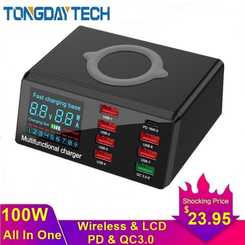 Tongdaytech 100W Multi 8 Port USB Fast Charger For Iphone 11 Pro XS XR 8 Quick Charge 3.0 Qi Wireless Charger For Samsung S10 S9 ► Photo 1/6