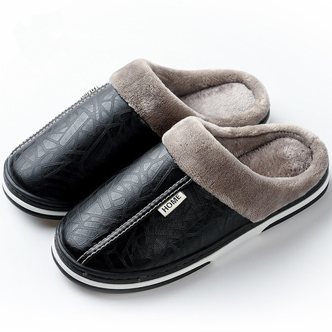 Men Slippers Indoor Leather Winter Waterproof Warm Home Fur Women Slipper Male Couple Platform Shoes Fluffy Big Sizes ► Photo 1/6