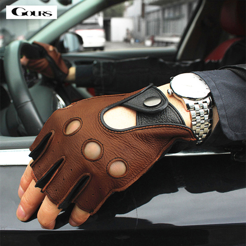 Gours Spring Men's Genuine Leather Gloves Driving Unlined 100% Deerskin Half Fingerless Gloves Fingerless Fitness Gloves GSM046L ► Photo 1/6