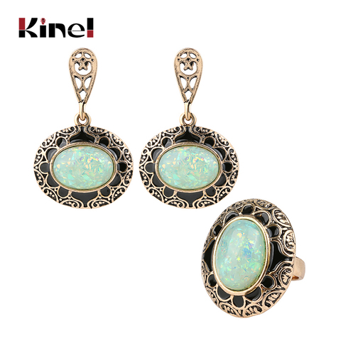 kinel Opal Ring And Earring Jewelry Set Black Enamel Antique Gold 2pc Vintage Jewelry For Women Luxury Party Gift ► Photo 1/6