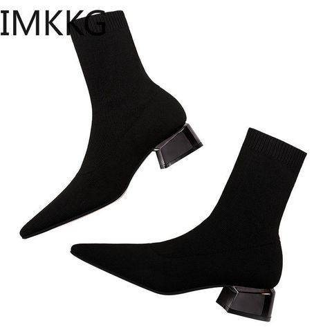 2022 Brand Women Warm Winter Boots Women's Mid High-Heeled Pointed Short Knitted Socks Boots Thick Heel Black Booties ► Photo 1/5