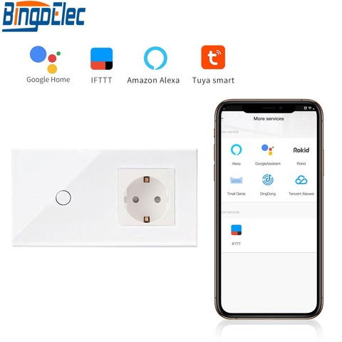 Bingoelec 1 Gang 1 Way WIFI Touch Switch With Germany Socket EU Standard Crystal Glass Panel Smart Home Automation Wall Switch ► Photo 1/5