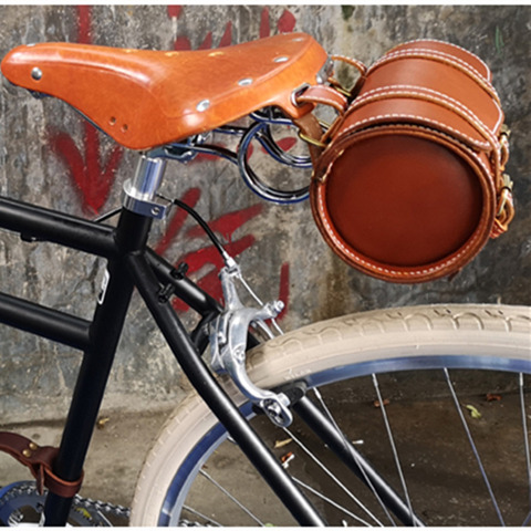 Q1105 Bicycle Retro bags Premium 100% Leather first layer bike locomotive tail bag British retro cylinder manual leather bag ► Photo 1/1