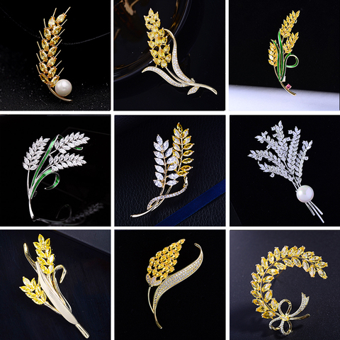 OKILY Delicate Many Style Winter Overcoat Sweater Christmas Accessories for Women's Jewelry Yellow Zircon Wheat Plant Brooch Pin ► Photo 1/6