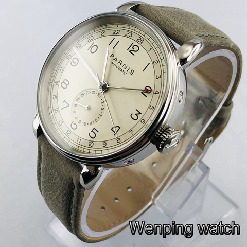 New Parnis 42mm GMT silver case arab mark date window leather  strap mens top leisure automatic mechanical watch ► Photo 1/6