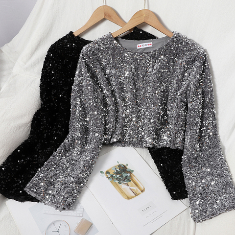 Women Autumn T Shirts Sequins O-Neck Long-sleeved Tee Temperament Young Lady Sweet Short Crop Top Female GX1165 ► Photo 1/6