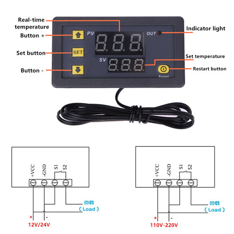 W3230 12V 24V AC110-220V Probe line 20A Digital Temperature Control LED Display Thermostat With Heat/Cooling Control Instrument ► Photo 1/5