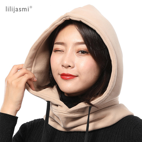 Unisex 2-Layer Thick 100 Cotton Fashion Hood Hat Scarf Elegant Hooded Hats Beanies Winter Neck Warm Balaclava Headgear Caps ► Photo 1/6