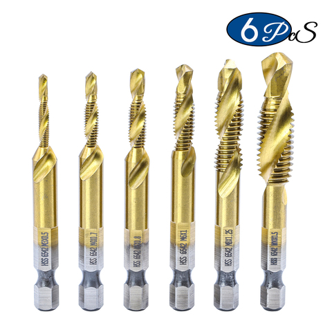 NINDEJIN 6pcs/set metric thread tap drill bits set m3 m4 m5 m6 m8 m10 hex shank hss 6542 screw tap drill bits set for metal wood ► Photo 1/5