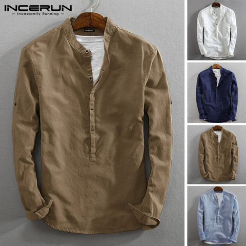 INCERUN Vintage Men Casual Shirt Long Sleeve Cotton Linen Stand Collar Solid Business Streetwear Henley Shirts Men Harajuku 2022 ► Photo 1/6