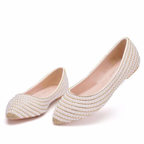 Crystal Queen White Silver Rhinestone Flats Wedding Shoes Pointed Toe Plus Size Women Bridal Flats Women Casual Shoes ► Photo 1/6