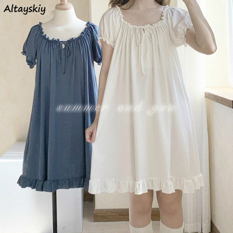 Nightgowns Women Cotton Short Sleeve Sexy Knee-length Solid Kawaii Ruffles Bow Loose Sleepwear Lolita Style Princess Nightdress ► Photo 1/6