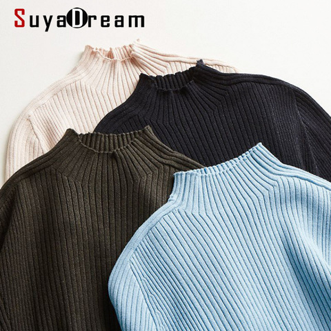 SuyaDream Woman Basic Sweaters Silk and Cashmere Blend Mock Neck Pullovers Solid Ribs Sweaters 2022 Fall Winter Bottoming Shirts ► Photo 1/6