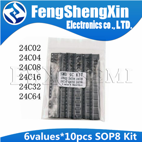 6values*10pcs=60pcs New 24C02 24C04 24C08 24C16 24C32 24C64 SOP-8  EEPROM KIT ► Photo 1/6