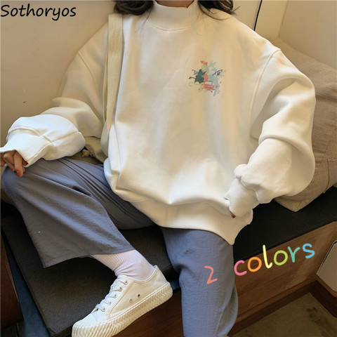 Hoodies Women Printed Turtleneck Warm Plus Velvet Oversize Kawaii Simple Females Pullover All-match Korean Style Casual Ulzzang ► Photo 1/6