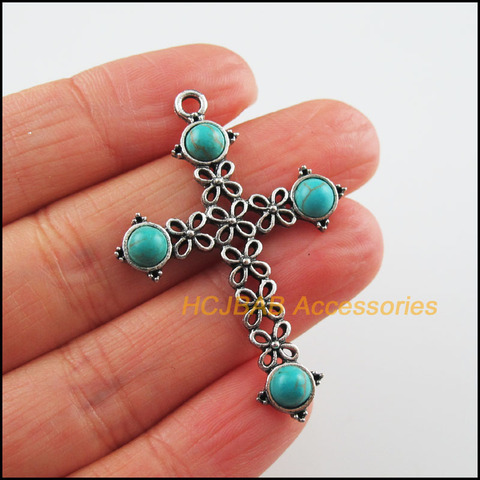 4 New Flower Cross Charms Tibetan Silver Tone Blue Stone Pendants 32x47.5mm ► Photo 1/4