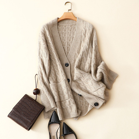 women's winter thick cable knit v neck loose style coat high quality 100% cashmere cardigan ► Photo 1/6