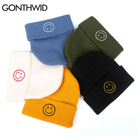 GONTHWID Beanie Plain Knit Hats Hip Hop Harajuku Embroidery Smile Face Warm Cuff Cap Slouchy Skull Ski Beanies Casual Bonnets ► Photo 1/6