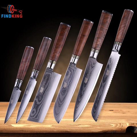 FINDKING 6 pieces Chef Knife Set Kitchen Knives Sets Japanese Quality Damascus Steel Santoku Bread knives Stainless blade Best ► Photo 1/6