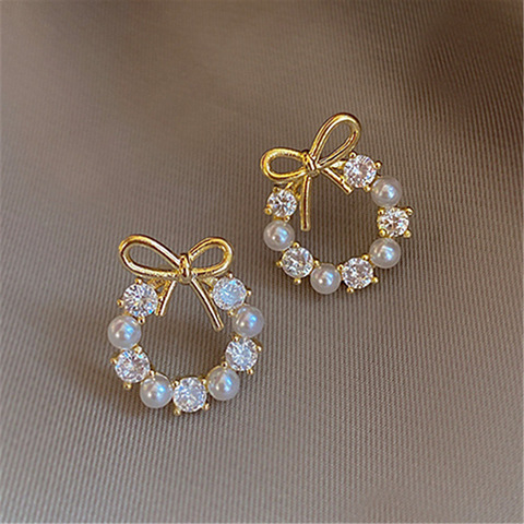 2022 New Korean Elegant Trendy Round Crystal Wreath Bow Stud Earrings For Women Imitation Pearls Jewelry Oorbellen Gift ► Photo 1/4