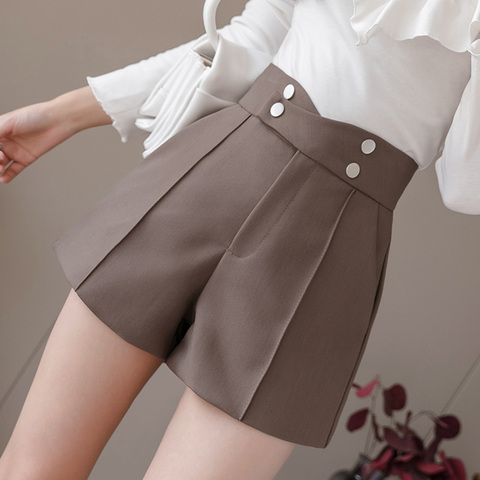 Plus Size Suits Shorts Women 2022 Summer New High Waist Solid Black Office Work Shorts Ladies Pocket Gray Wide Leg Trouser S-XL ► Photo 1/6