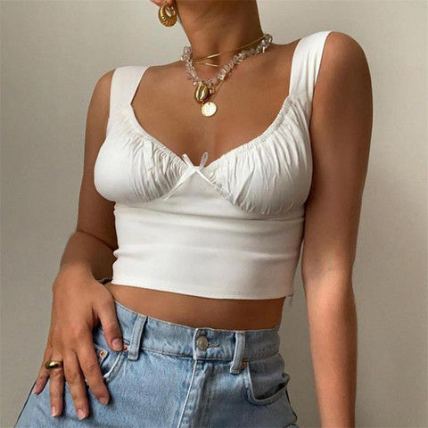 Women Summer Crop Tops Lady Girls Summer White Ruched Tanks Bow Slim Camis Ladies Wide Strap Tees Skinny Femme Camisole S M L ► Photo 1/4