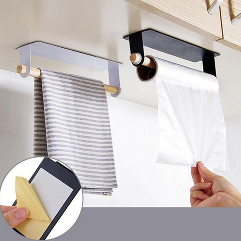 Punch Free Self-adhesive Roll Paper Holder Towel Wooden Storage Rack Hanging Shelf For Kitchen Bathroom Hardware Paper Holders ► Photo 1/6