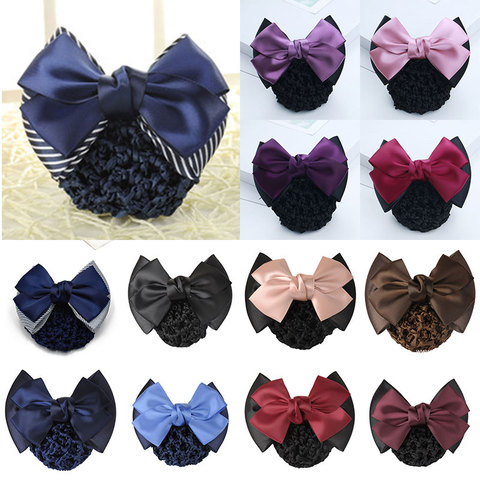 Satin Bow Barrette Double Bowknot Snood Hairnet Cover Ribbon Hair Bun Ladies Flight Attendant Hair Clip Women Hair Accessories ► Photo 1/6