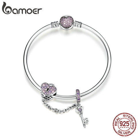 BAMOER Genuine 925 Sterling Silver Love Key Heart Shape Bracelets Bangles for Women Purple Zircon Valentine Gift Jewelry SCB820 ► Photo 1/6