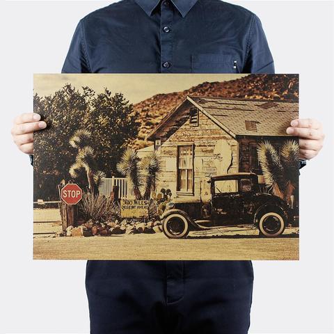 AIMEER Roadside Abandoned Classic Car Nostalgic Kraft Paper Poster Bar Coffee Bar Retro Decorative Painting Wall Stickers51x36cm ► Photo 1/3