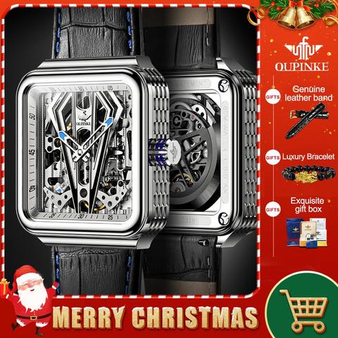 OUPINKE Automatic Watch Men Square Sapphire Crystal Skeleton Mechanical Watch Steampunk  Leather Transparent sports Wristwatch ► Photo 1/6