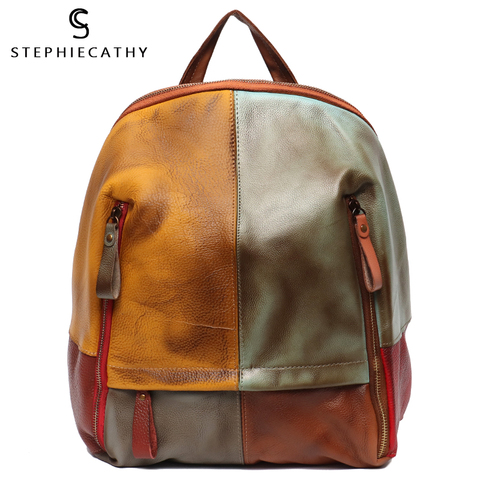 SC Vintage Patchwork Real Leather Women Backpacks Travel Shoulder Bags School Pack Retro Color Plaid Functional Pockets knapsack ► Photo 1/6