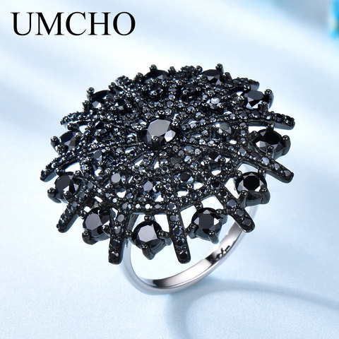 UMCHO Gemstone Natural Black Spinel Ring Female Solid 925 Sterling Silver Rings For Women Round Wedding Engagement Jewelry Gift ► Photo 1/6