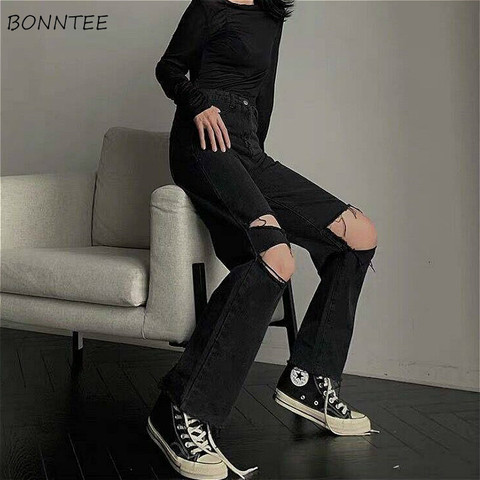 Jeans Women Oversized Denim Baggy High Waist Hole Teens Streetwear All-match Popular Boyfriend Straight Korean Trendy Trousers ► Photo 1/6