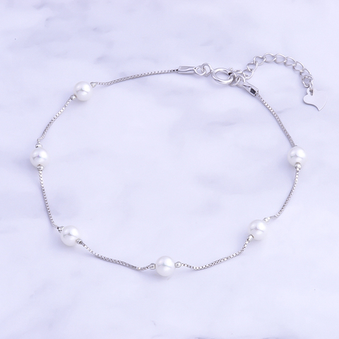 Pekurr 100% 925 Sterling Silver 4.3mm White Shell Pearl Beads Bracelet For Women Kids Fashion Jewelry Female Bangles ► Photo 1/5